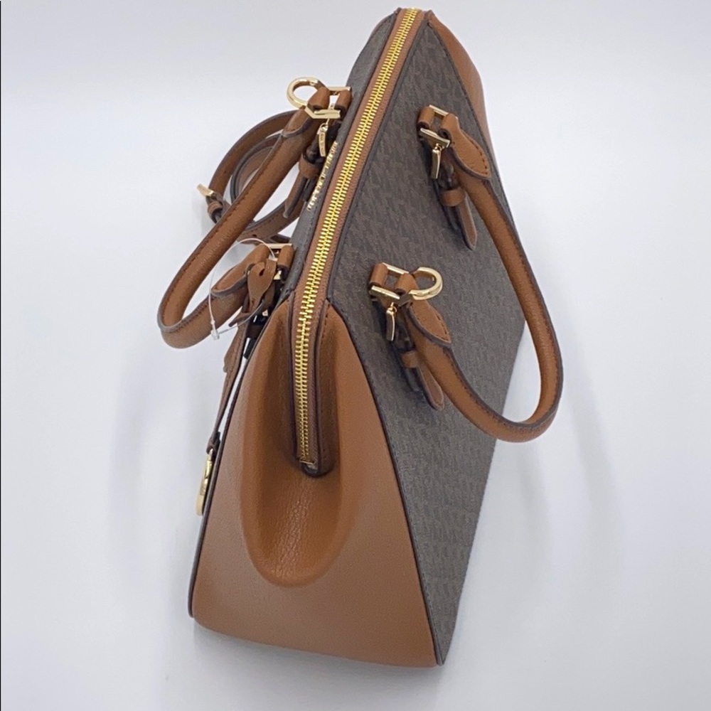 MICHAEL KORS CHARLOTTE LARGE SATCHEL BROWN MULTI - Picture 7 of 16